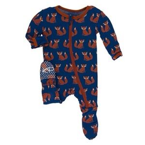 KicKee Pants Navy Woodland Fox Print Bamboo Footie Pajamas Size 9-12 months